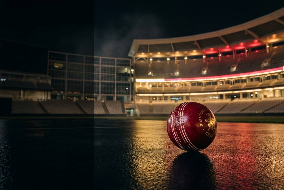 A crimson cricket ball on a dark stadium pitch under warm lights