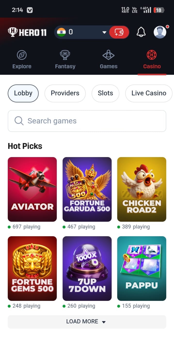 Hero11 Casino tab on the Hot Picks row