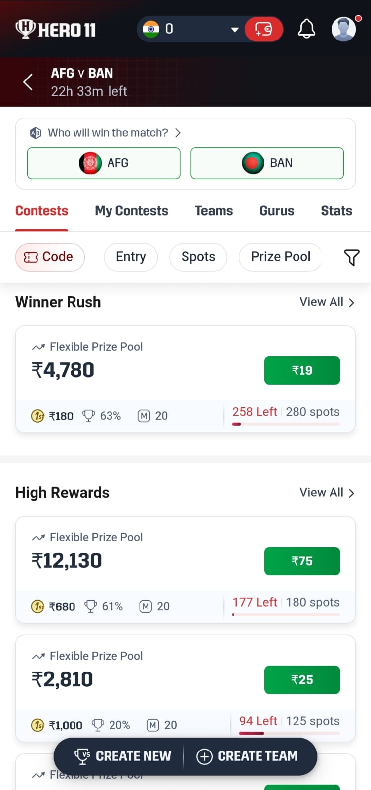 Hero11 match screen on the Contests tab, with Teams and Create Team