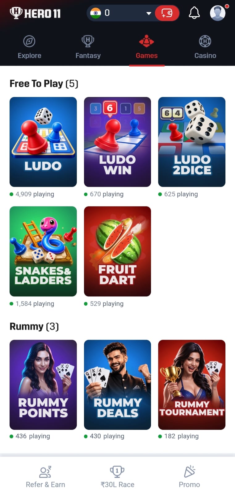 Hero11 Games tab with Free To Play and a Rummy row